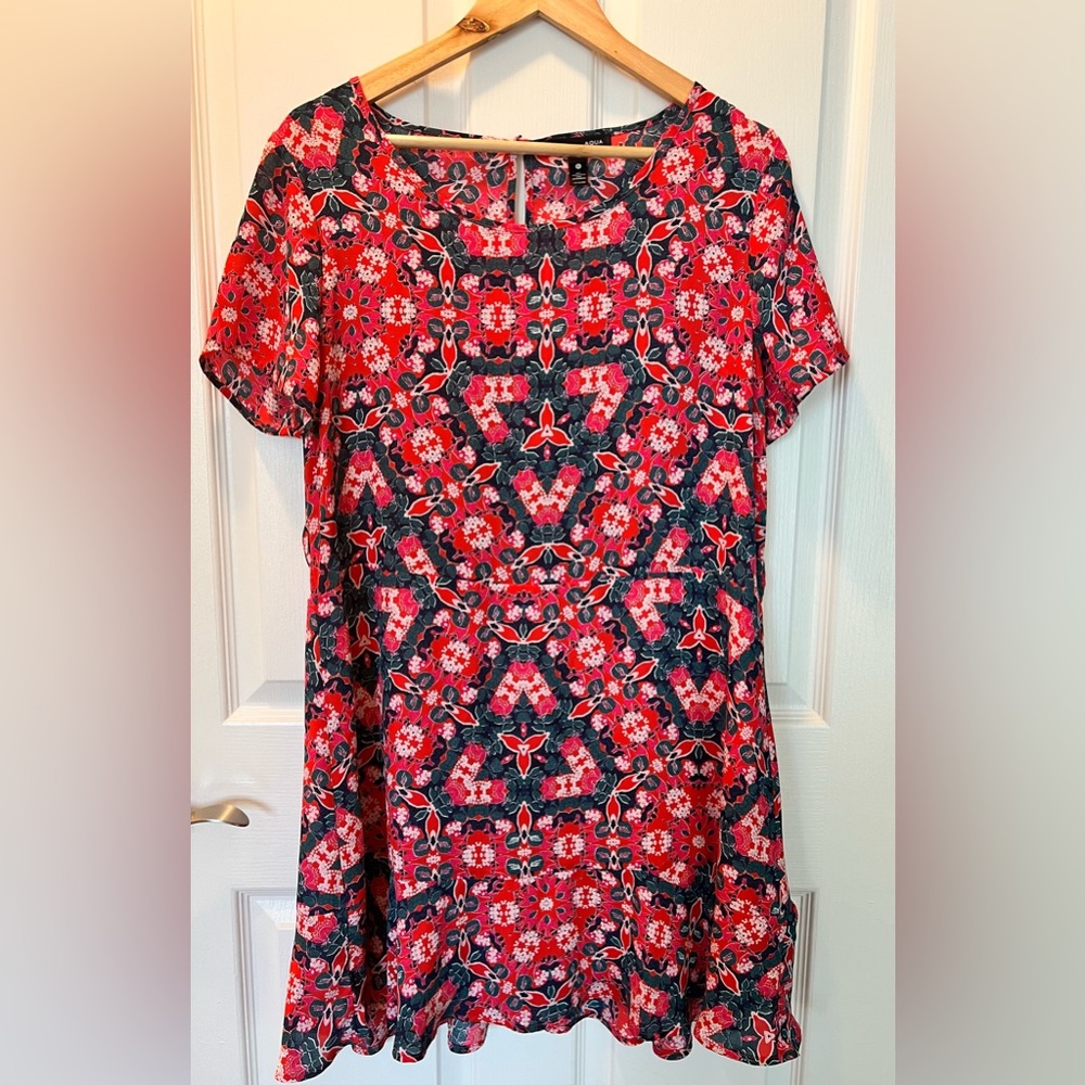 Aqua Womens Size L Pink Rose Floral Kaleidoscope Casual Dress Short Sleeve
